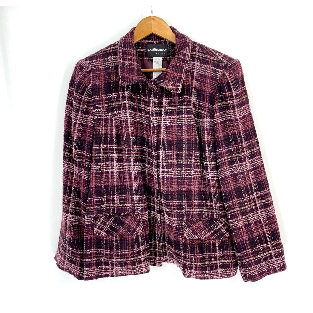 Sag Harbor Jacket Womens 12P Purple Check Tweed Lined Shoulder Pads Button Up